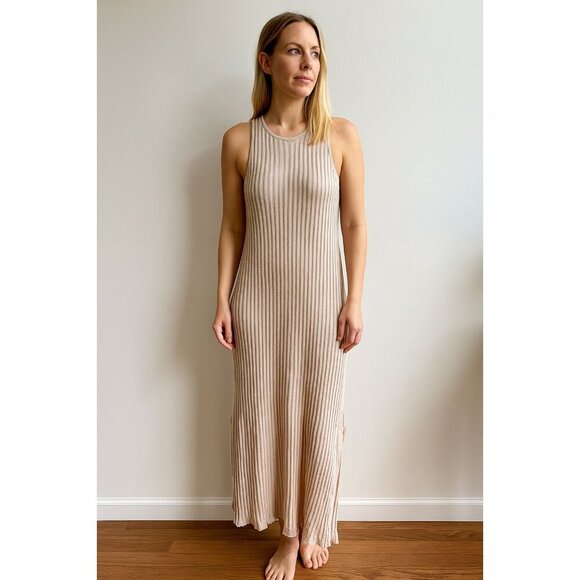 Massimo Dutti Ribbed Stretch Knit Sleeveless Maxi Dress Womens Size Medium Beige - Picture 1 of 10